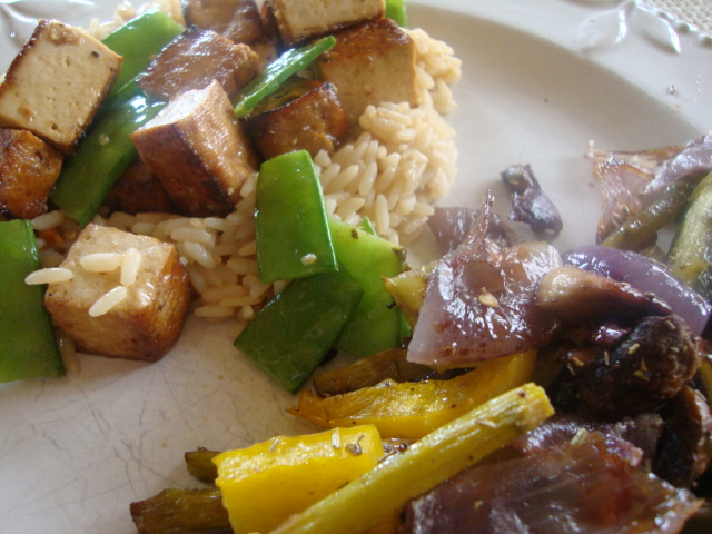 Roasted Veggies and Baked Tofu with Sesame-Ginger Rice -- Epicurean Vegan