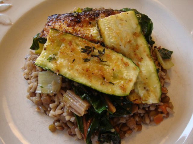 Breaded Zucchini and Rainbow Chard with Lentil Pilaf -- Epicurean Vegan