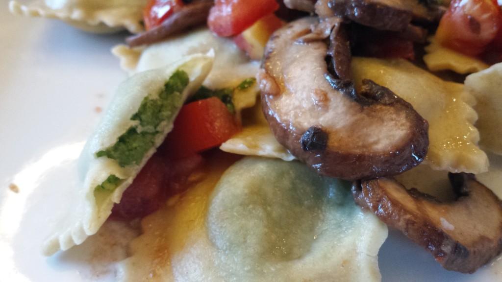 Pine Nut and Cashew Ravioli with Fresh Mushrooms, Tomatoes and Basil -- Epicurean Vegan