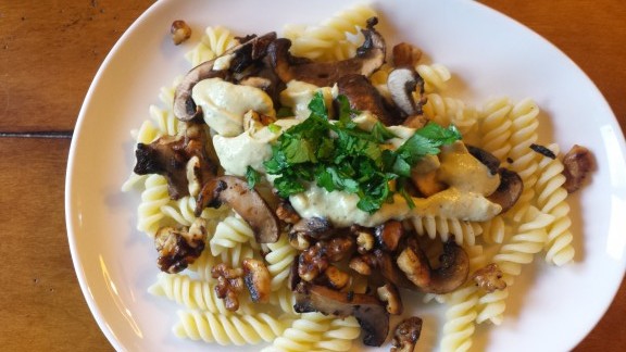 Pasta with Mushrooms, Walnuts and Lemon-Chive Sauce -- Epicurean Vegan